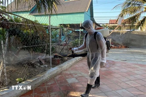 Nhân viên y tế phun thuốc tiêu độc khử khuẩn ở thôn Văn Lâm 3, xã Phước Nam, huyện Thuận Nam. (Ảnh: Công Thử/TTXVN) 