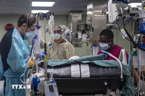 Nhân viên y tế Mỹ chuyển bệnh nhân nhiễm COVID-19 từ tàu bệnh viện USNS Comfort về tiếp tục điều trị tại một bệnh viện địa phương ở New York, ngày 26/4/2020. (Nguồn: AFP/TTXVN) 