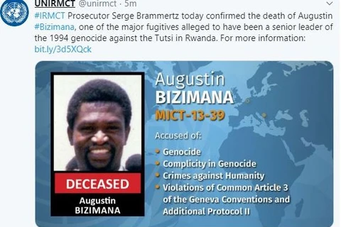 Augustin Bizimana bị cáo buộc 13 tội danh diệt chủng, trong đó có vụ thảm sát hơn 800.000 người Tutsi và người Hutus năm 1996.