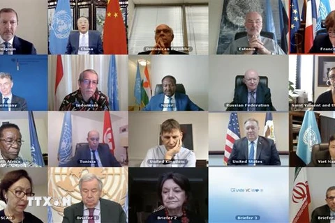Đại diện các nước thành viên Hội đồng Bảo an Liên hợp quốc trong một phiên họp trực tuyến. (Ảnh: Hữu Thanh/TTXVN) 