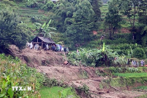 Một ngôi nhà ở thôn Cóc Nắm, xã Bản Nhùng (huyện Hoàng Su Phì - Hà Giang) bị đất đá vùi lấp hoàn toàn. (Nguồn: TTXVN) 