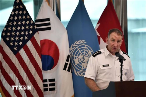 Tướng Robert Abrams phát biểu tại lễ kỷ niệm 66 năm ký kết Hiệp định đình chiến cuộc chiến tranh Triều Tiên, tại làng Panmunjom, ngày 27/7/2019. (Nguồn: AFP/TTXVN) 