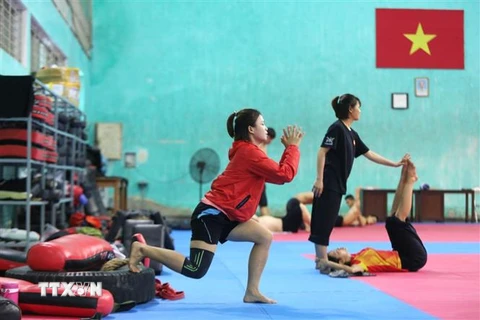 Các vận động viên Đội tuyển pencak silat quốc gia tập luyện tại Trung tâm Huấn luyện thể thao quốc gia Hà Nội. (Ảnh: Thành Đạt/TTXVN) 