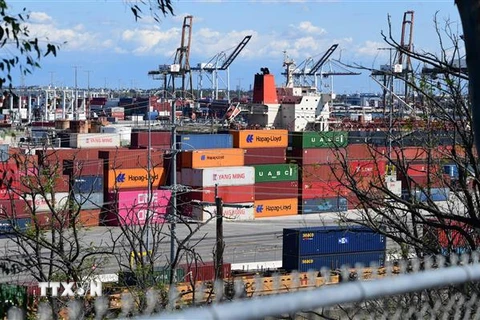 Container hàng hóa được xếp tại cảng Los Angeles, Mỹ, ngày 26/3/2020. (Nguồn: AFP/TTXVN) 