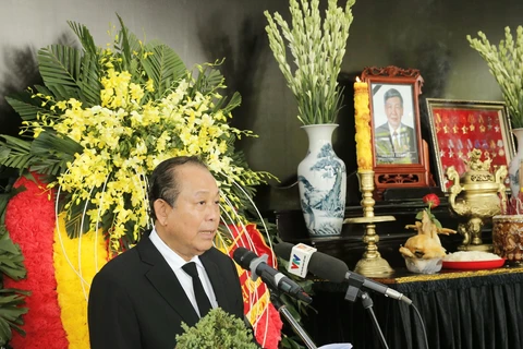 Phó Thủ tướng Thường trực Chính phủ Trương Hòa Bình, Trưởng ban Tổ chức Lễ Quốc tang phát biểu. (Ảnh: Doãn Tấn/TTXVN) 