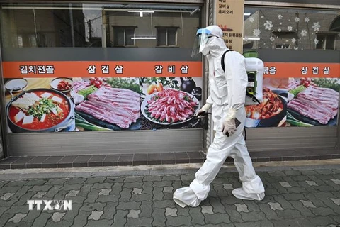 Nhân viên phun thuốc khử trùng nhằm ngăn chặn sự lây của dịch COVID-19 ở Seoul, Hàn Quốc, ngày 19/8/2020. (Nguồn: AFP/TTXVN) 