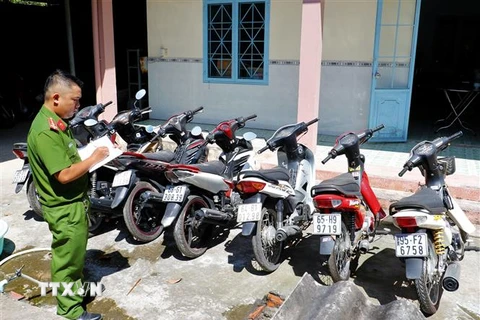 Số xe máy được Công an quận Bình Thủy thu giữ sau khi triệt phá nhóm trộm. (Nguồn: TTXVN) 