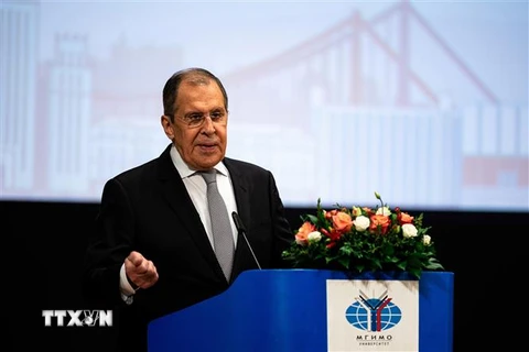 Ngoại trưởng Nga Sergei Lavrov trong bài phát biểu trước các sinh viên Học viện quốc gia về Quan hệ quốc tế Moskva (MGIMO) ở Moskva ngày 1/9/2020. (Nguồn: AFP/TTXVN) 