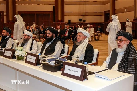 Phái đoàn Taliban tham dự cuộc hòa đàm với Chính phủ Afghanistan tại thủ đô Doha, Qatar ngày 7/7/2019. (Nguồn: AFP/TTXVN) 