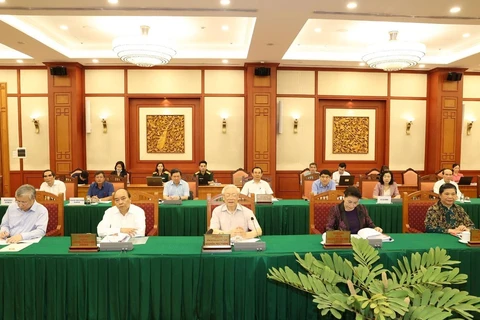 Tổng Bí thư, Chủ tịch nước Nguyễn Phú Trọng, Bí thư Quân ủy Trung ương phát biểu kết luận buổi làm việc với Ban Thường vụ Quân ủy Trung ương. (Ảnh: Trí Dũng/TTXVN)