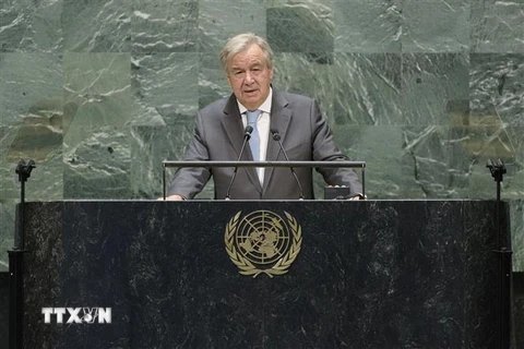 Tổng Thư ký Liên hợp quốc Antonito Guterres phát biểu tại phiên họp. (Ảnh: Khắc Hiếu/TTXVN) 