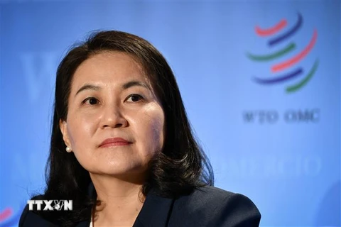 Bộ trưởng Thương mại Hàn Quốc Yoo Myung-hee trong cuộc họp báo tại Geneva (Thụy Sĩ) ngày 16/7/2020. (Nguồn: AFP/TTXVN) 