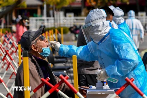Nhân viên y tế lấy mẫu xét nghiệm COVID-19 tại Thanh Đảo, tỉnh Sơn Đông, Trung Quốc, ngày 12/10/2020. (Nguồn: AFP/TTXVN) 