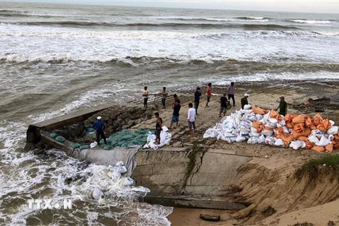 Các lực lượng khắc phục khẩn cấp khu vực sạt lở bờ biển đoạn qua xã Phú Thuận (Phú Vang, Thừa Thiên-Huế). (Nguồn: TTXVN phát) 