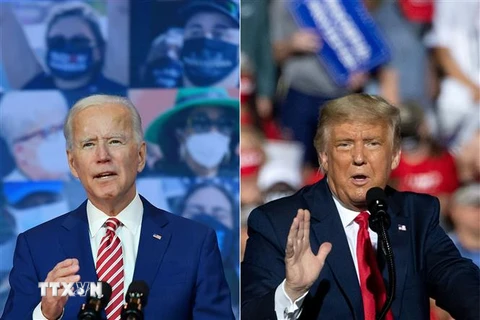 Đương kim Tổng thống Mỹ Donald Trump (phải) trong cuộc vận động tranh cử ở Gastonia, North Carolina ngày 21/10/2020 và ứng viên Tổng thống của Đảng Dân chủ Joe Biden phát biểu tại Wilmington, Delaware ngày 23/10/2020. (Nguồn: AFP/TTXVN) 