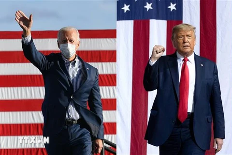 Tổng thống Mỹ Donald Trump (phải) tại cuộc vận động tranh cử ở bang Bắc Carolina ngày 21/10/2020 và ứng cử viên Tổng thống Mỹ của đảng Dân chủ Joe Biden (trái) tại cuộc vận động tranh cử ở bang Pennsylvania ngày 24/10/2020. (Nguồn: AFP/TTXVN) 