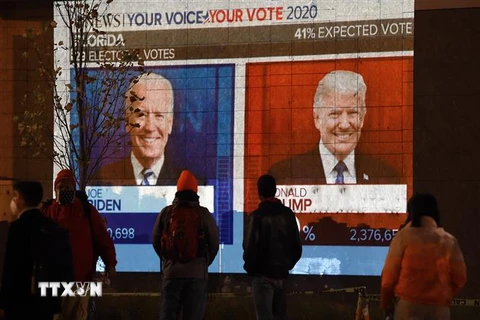Người dân theo dõi kết quả trực tiếp cuộc bầu cử Tổng thống Mỹ giữa Tổng thống đương nhiệm Donald Trump (phải) và ứng viên Tổng thống đảng Dân chủ Joe Biden tại Washington DC., ngày 3/11/2020. (Nguồn: AFP/TTXVN) 