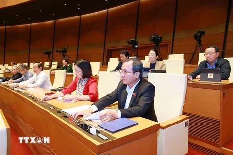 Đại biểu Quốc hội tỉnh Bình Dương biểu quyết thông qua dự thảo Nghị quyết về dự toán ngân sách nhà nước năm 2021. (Ảnh: Phương Hoa/TTXVN) 