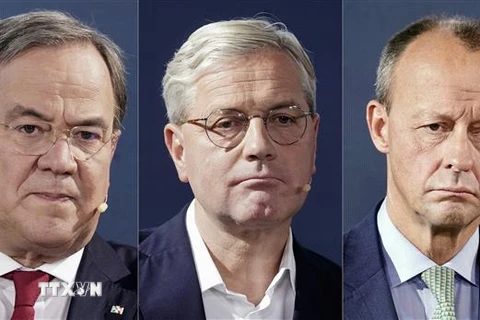 Ba ứng cử viên tranh cử Chủ tịch CDU gồm ông Armin Laschet (trái) - Thủ hiến bang Nordrhein-Westfalen, ông Friedrich Merz (phải) - cựu lãnh đạo nhóm nghị sỹ liên đảng bảo thủ CDU/CSU trong Quốc hội và ông Norbert Rottgen (giữa) - Chủ tịch Ủy ban Đối ngoại