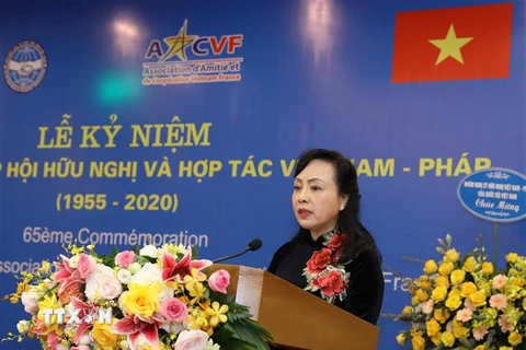 Chủ tịch Hội hữu nghị và hợp tác Việt Nam-Pháp Nguyễn Thị Kim Tiến đọc diễn văn khai mạc. (Ảnh: Văn Điệp/TTXVN) 