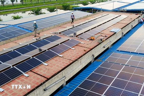 Các tấm pin Mặt Trời trong khuôn khổ Dự án điện Mặt Trời áp mái tại Nhà máy Nước mặt Sông Đuống. (Ảnh: Phan Tuấn Anh/TTXVN) 