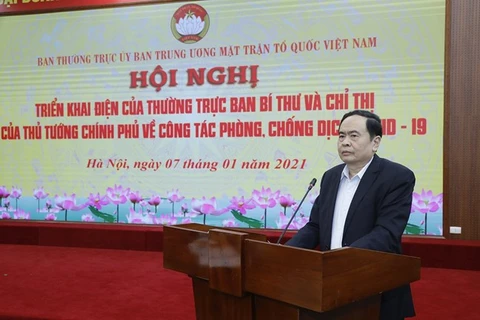 Ông Trần Thanh Mẫn, Bí thư Trung ương Đảng, Chủ tịch Ủy ban Trung ương Mặt trận Tổ quốc Việt Nam, phát biểu tại Hội nghị. (Nguồn: mattran.org.vn) 