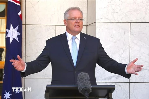 Thủ tướng Australia Scott Morrison phát biểu trong cuộc họp báo tại Canberra. (Nguồn: AFP/TTXVN) 