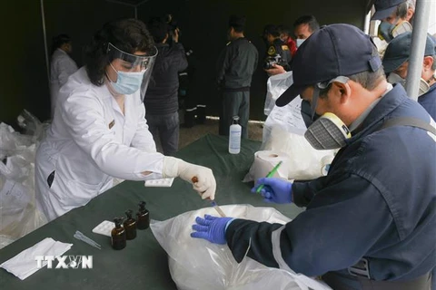 Cảnh sát kiểm tra số ma túy thu giữ tại khu vực ngoại ô Lima, Peru, ngày 16/4/2020. (Nguồn: AFP/TTXVN) 