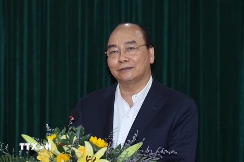 Thủ tướng Nguyễn Xuân Phúc phát biểu tại buổi gặp mặt. (Ảnh: Thống Nhất/TTXVN) 