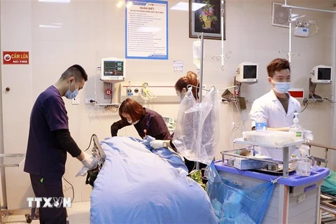 Các bác sỹ bệnh viện đa khoa Hùng Vương đang cấp cứu nạn nhân. (Ảnh: Trung Kiên/TTXVN) 