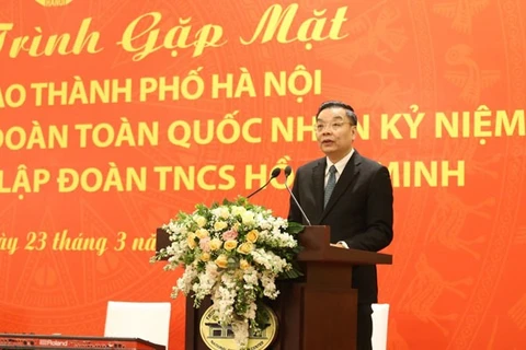 Chủ tịch Ủy ban Nhân dân thành phố Hà Nội Chu Ngọc Anh phát biểu tại buổi gặp mặt. (Nguồn: laodong.vn) 