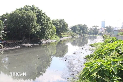 Rạch Xuyên Tâm, đoạn qua địa bàn quận Bình Thạnh, bị ô nhiễm trầm trọng. (Ảnh: Trần Xuân Tình/TTXVN) 