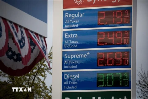 Giá xăng dầu được niêm yết tại trạm xăng ở New York, Mỹ. (Nguồn: THX/TTXVN) 