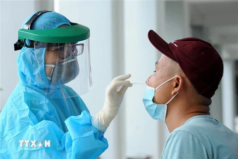 Nhân viên y tế lấy mẫu xét nghiệm SARS-CoV-2 tại Bệnh viện Đa khoa Cần Giuộc (Long An). (Ảnh: Bùi Giang/TTXVN) 