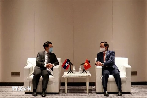 Bộ trưởng Ngoại giao Bùi Thanh Sơn (phải) gặp Bộ trưởng Ngoại giao Lào Saleumxay Kommasith. (Ảnh: TTXVN phát) 