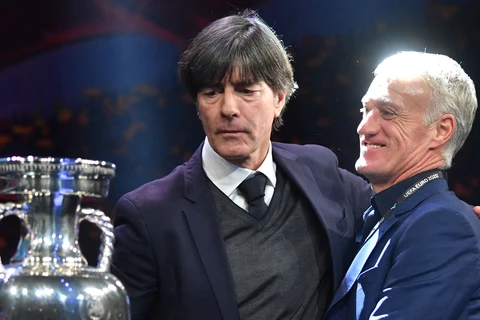 Hai huấn luyện viên Joachim Low và Didier Deschamps trong lễ bốc thăm EURO. (Nguồn: AFP) 