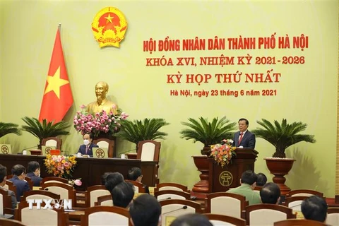 Ông Đinh Tiến Dũng, Ủy viên Bộ Chính trị, Bí thư Thành ủy Hà Nội, phát biểu. (Ảnh: Nguyễn Điệp/TTXVN) 