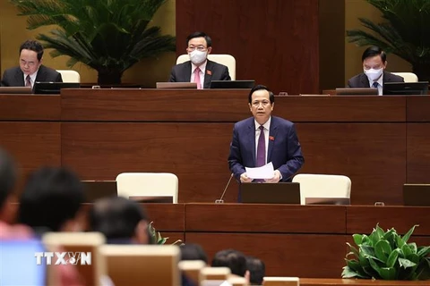 Bộ trưởng Bộ Lao động Thương binh và Xã hội Đào Ngọc Dung giải trình ý kiến đại biểu Quốc hội nêu. (Ảnh: Dương Giang/TTXVN) 