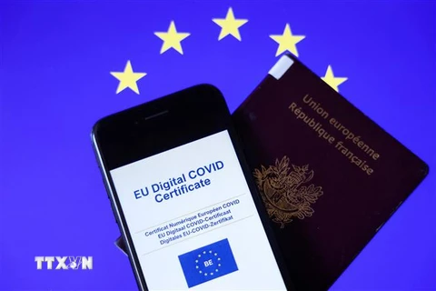Hộ chiếu và thẻ xanh kỹ thuật số về COVID-19 trên màn hình điện thoại. (Ảnh: AFP/TTXVN) 