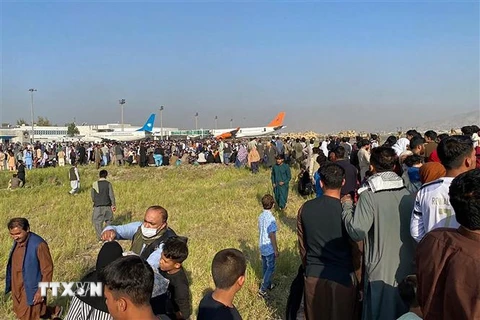 Hàng nghìn người dân Aghanistan đổ xô vào đường băng, cố lao lên các máy bay để rời khỏi đất nước sau khi Taliban tiếp quản quyền kiểm soát thủ đô Kabul, ngày 16/8/2021. (Ảnh: AFP/TTXVN) 