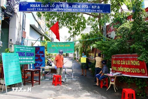 Thanh niên phường Tân Chánh Hiệp, quận 12 tăng cường chốt chặn, ngăn ngừa phòng dịch bảo vệ vùng xanh. (Ảnh: Thanh Vũ/TTXVN) 