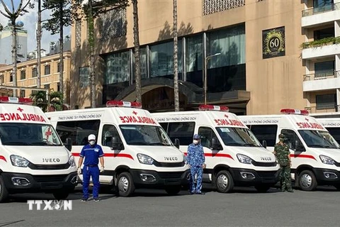 30 xe cứu thương được Công ty Cổ phần Ôtô Trường Hải (Thaco) trao tặng cho Ủy ban Nhân dân Thành phố Hồ Chí Minh phục vụ công tác phòng, chống dịch COVID-19. (Ảnh: Đinh Hằng/TTXVN) 
