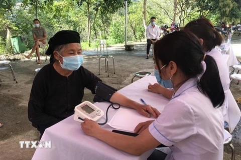 Bà Lù Thị Sơn, sinh năm 1954, ở thôn Cốc Dục, xã Bạch Đích, huyện Yên Minh (Hà Giang) đang đo huyết áp trước khi tiêm vắc xin phòng chống COVID-19. (Ảnh: Nguyễn Chiến/TTXVN) 