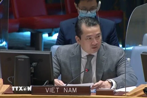 Đại sứ Phạm Hải Anh, Phó Trưởng Phái đoàn Việt Nam tại Liên hợp quốc dự phiên họp về vấn đề Syria. (Ảnh: Khắc Hiếu/TTXVN) 