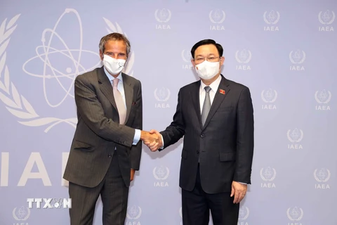 Chiều 6/9/2021 (theo giờ địa phương), tại Thủ đô Vienna (Cộng hòa Áo), Chủ tịch Quốc hội Vương Đình Huệ gặp Tổng Giám đốc Cơ quan Năng lượng Nguyên tử quốc tế (IAEA) Rafael Mariano Grossi. (Ảnh: Doãn Tấn/TTXVN) 