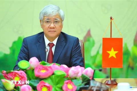 Chủ tịch Ủy ban Trung ương Mặt trận Tổ quốc Việt Nam Đỗ Văn Chiến phát biểu tại buổi điện đàm. (Ảnh: Minh Đức/TTXVN) 