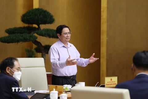 Thủ tướng Phạm Minh Chính kết luận buổi làm việc với các doanh nghiệp Hàn Quốc. (Ảnh: Dương Giang/TTXVN) 