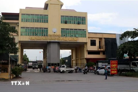 Phong tỏa, tạm dừng hoạt động chợ nông sản Hải Dương nơi có F0 là lái xe đường dài ở Thừa Thiên-Huế đến giao hàng. (Ảnh: Mạnh Tú/TTXVN) 