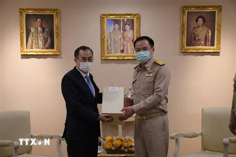 Phó Thủ tướng, Bộ trưởng Y tế Thái Lan Anutin Charnvirakul (bên phải) và Đại sứ Việt Nam tại Thái Lan Phan Chí Thành. (Ảnh: TTXVN phát) 