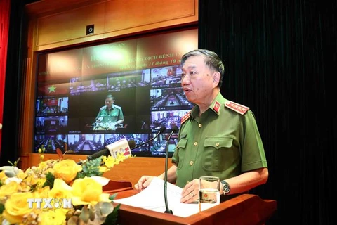 Đại tướng Tô Lâm, Ủy viên Bộ Chính trị, Bộ trưởng Bộ Công phát biểu chỉ đạo. (Ảnh: Phạm Kiên/TTXVN) 